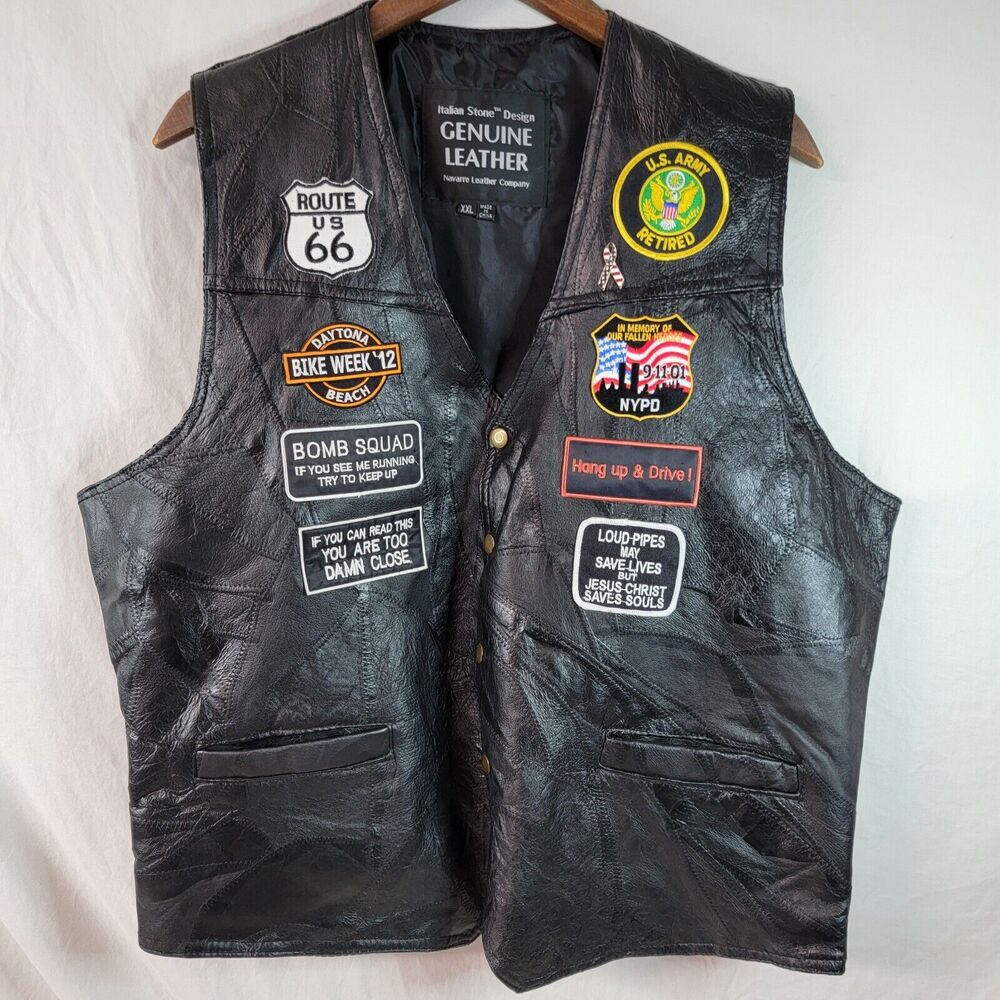 Navarre Mens XXL Blk Leather Moto Vest w Patches Biker NYPD ARMY PreOwned